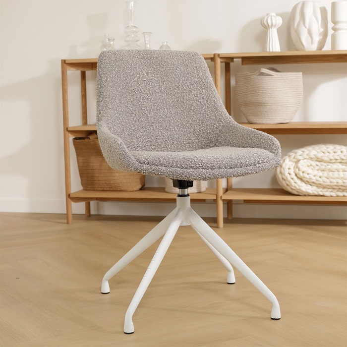 Nola-Isa draaibare eetkamerstoel bouclé taupe - wit onderstel draaibaar - design - stof - scandinavisch - luxe - bruingrijs