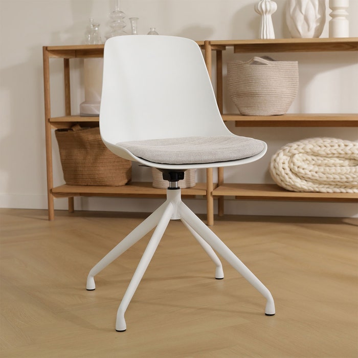 Nola-Liv draaibare eetkamerstoel wit met beige zitkussen - wit onderstel  eetkamerstoel - draaibaar - scandinavisch - modern - kunststof witte poten