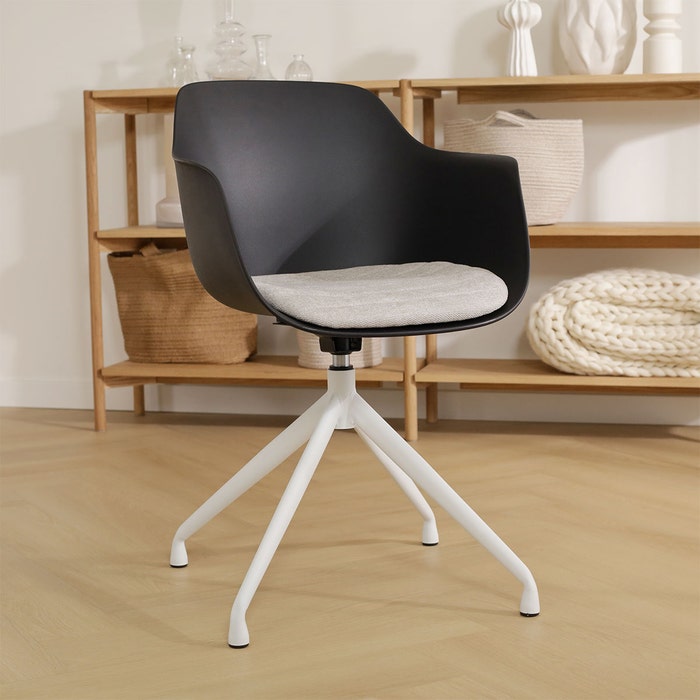 Nola-Liz draaibare eetkamerstoel zwart met beige zitkussen - wit onderstel eetkamerstoel - met armleuning - draaibaar - scandinavisch - modern - armstoel - kunststof - witte poten