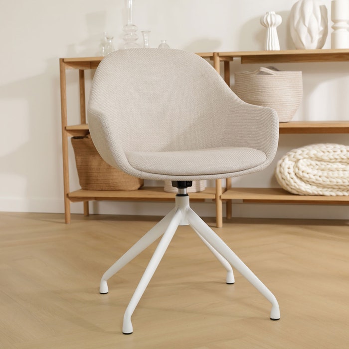 Nola-Mae draaibare eetkamerstoel beige - wit onderstel met armleuning - draaibaar - design - bruin - stof - scandinavisch - japandi - luxe - armstoel - comfortabele