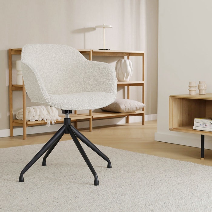 Nola-Mare draaibare eetkamerstoel bouclé beige  - zwart onderstel met armleuning - draaibaar - stoffen - scandinavisch - bouclé - armstoel - creme - zwarte poten