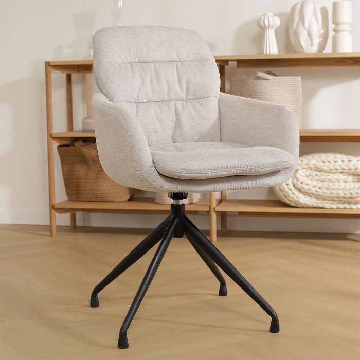 Nola-Mia draaibare eetkamerstoel beige - zwart onderstel - set van 2 met armleuning - draaibaar - stof - scandinavisch - luxe - crème - hoge rugleuning - comfortabele - lichtbruin - japandi
