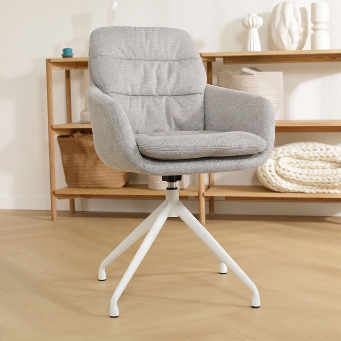 Nola-Mia draaibare eetkamerstoel grijs  - wit onderstel - set van 2 met armleuning - draaibaar - stof - scandinavisch - luxe - hoge rugleuning - comfortabele - japandi