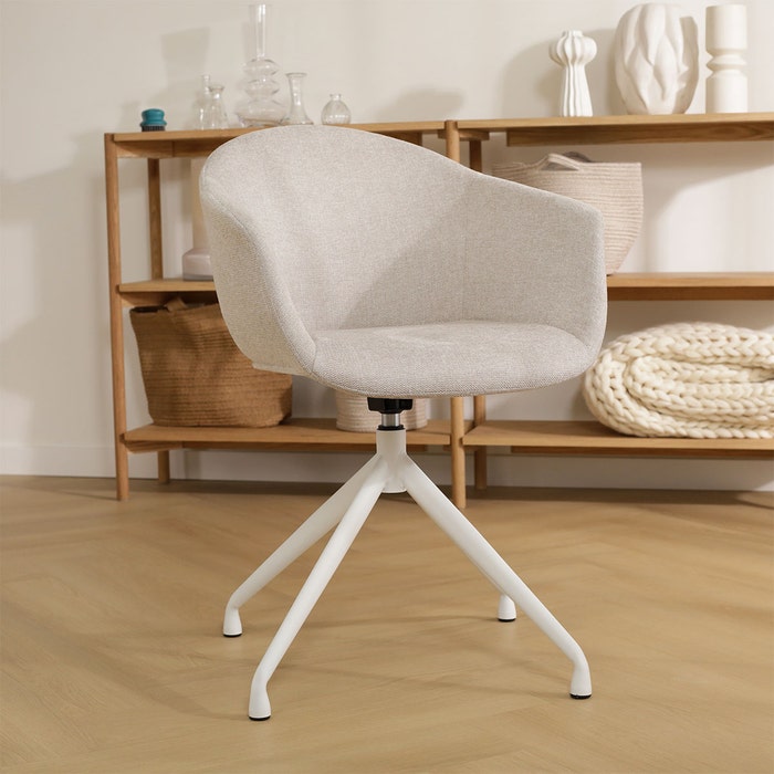 Nola-Otis draaibare eetkamerstoel beige - wit onderstel - set van 2 met armleuning - draaibaar - modern - stoffen - armstoel - creme - set van 2