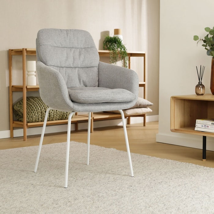 Nora-Mia eetkamerstoel grijs - wit onderstel - set van 2 met armleuning - stof - luxe - scandinavisch - armstoel - hoge rugleuning - comfortabele