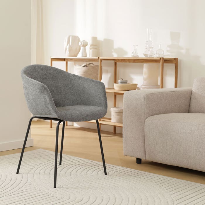Nora-Otis eetkamerstoel donkergrijs - zwart onderstel met armleuning - grijs - stoffen - armstoel - modern - japandi - comfortabel