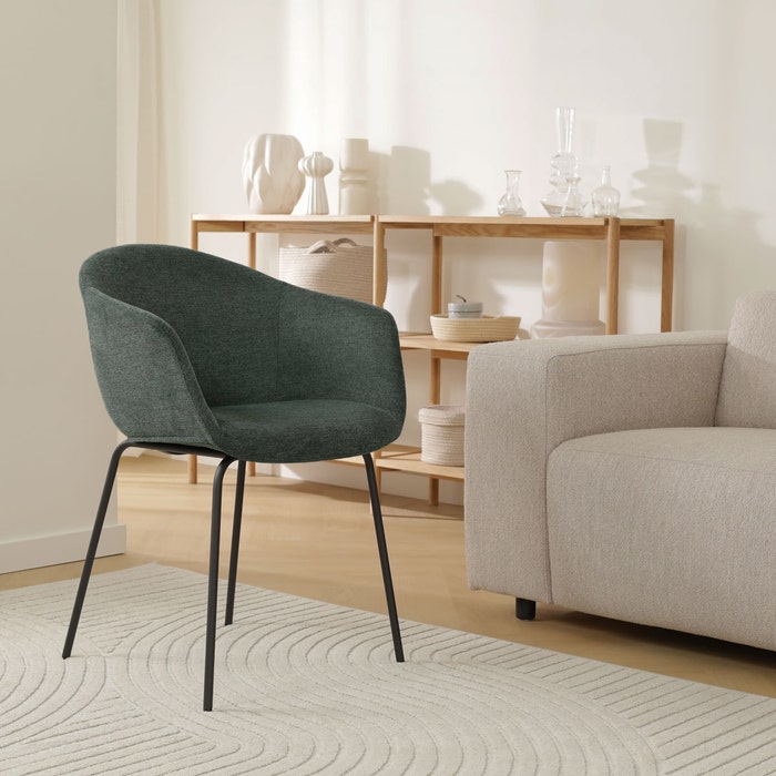 Nora-Otis eetkamerstoel donkergroen - zwart onderstel - set van 2 met armleuning - groen - stoffen - armstoel - modern - japandi - comfortabel
