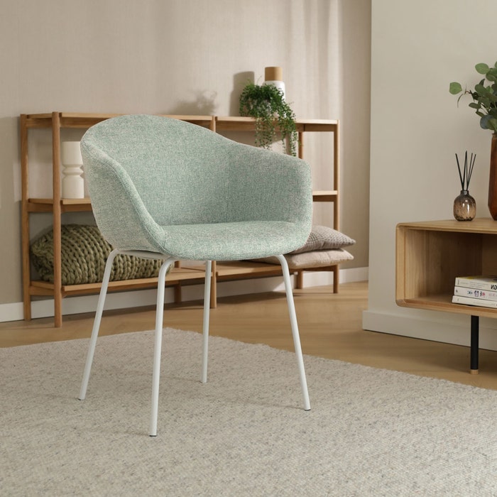 Nora-Otis eetkamerstoel zacht groen - wit onderstel - set van 2 met armleuning - stoffen - armstoel - modern - lichtgroen - japandi - comfortabel