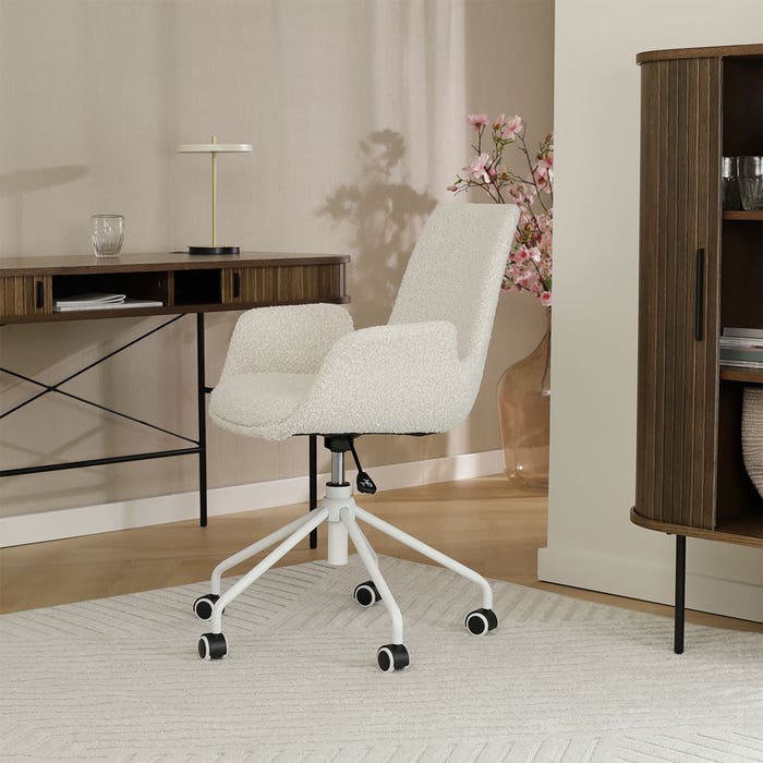 scandinavisch verstelbare vergaderstoel met armleuning bouclé beige - wit onderstel Nout-Eef 