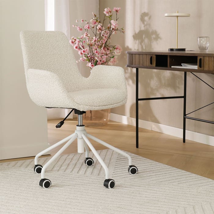 Nout-Eef bureaustoel bouclé beige - wit onderstel - set van 2 bureaustoel - vergaderstoel - verstelbaar - luxe - wielen - bruin - met armleuning - scandinavisch - set van 2 - japandi