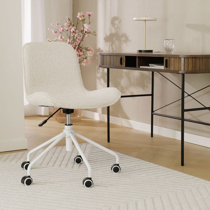Nout-Fé bureaustoel bouclé beige - wit onderstel burostoel - vergaderstoel - design - verstelbaar - wieltjes - wielen - comfortabel - stof - draaibaar - creme