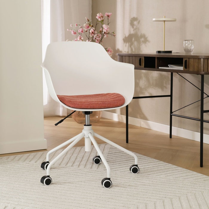 Nout-Liz bureaustoel wit met terracotta rood zitkussen - wit onderstel burostoel - vergaderstoel - design - verstelbaar - wieltjes - wielen - comfortabel - kunststof - scandinavisch - draaibaar