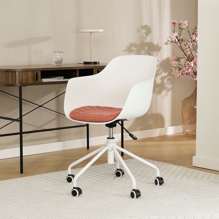 comfortabele vergaderstoel met armleuning wit met terracotta rood zitkussen - wit onderstel Nout-Liz 