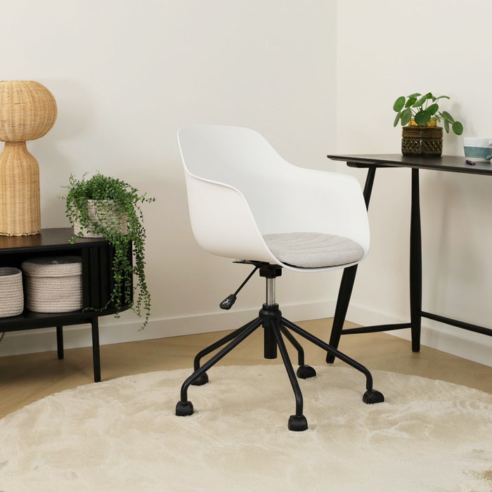 Nout-Liz bureaustoel wit met beige zitkussen - zwart onderstel burostoel - vergaderstoel - design - verstelbaar - wieltjes - wielen - comfortabel - kunststof - scandinavisch - draaibaar
