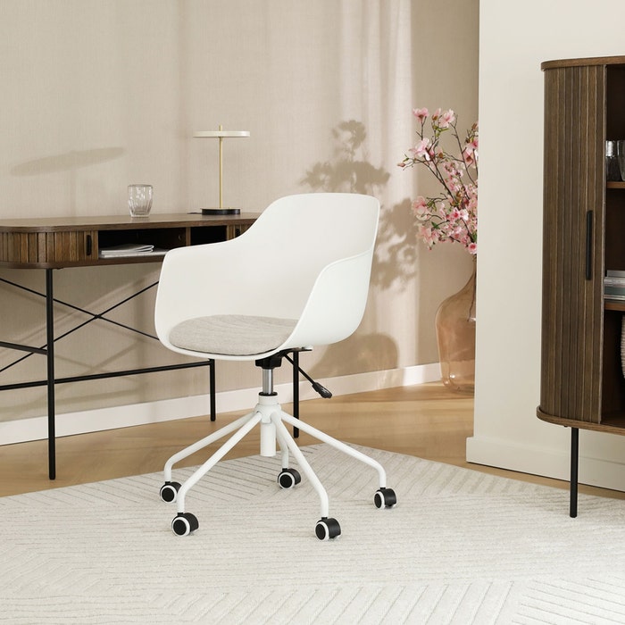 comfortabele vergaderstoel met armleuning wit met beige zitkussen - wit onderstel Nout-Liz 