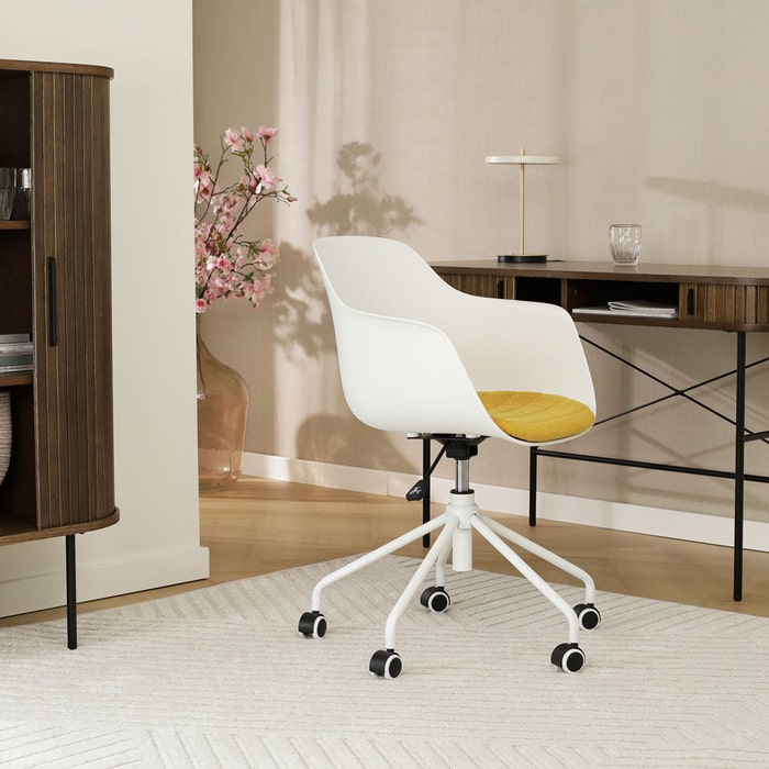 Nout-Liz bureaustoel wit met okergeel zitkussen - wit onderstel burostoel - vergaderstoel - design - verstelbaar - wieltjes - wielen - comfortabel - kunststof - scandinavisch - draaibaar