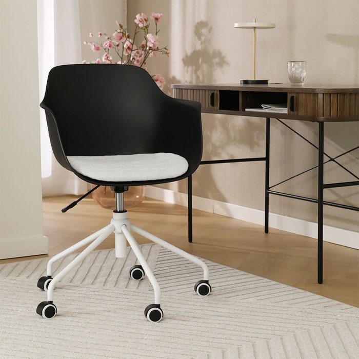 Nout-Liz bureaustoel zwart met beige zitkussen - wit onderstel burostoel - vergaderstoel - design - verstelbaar - wieltjes - wielen - comfortabel - kunststof - scandinavisch - draaibaar