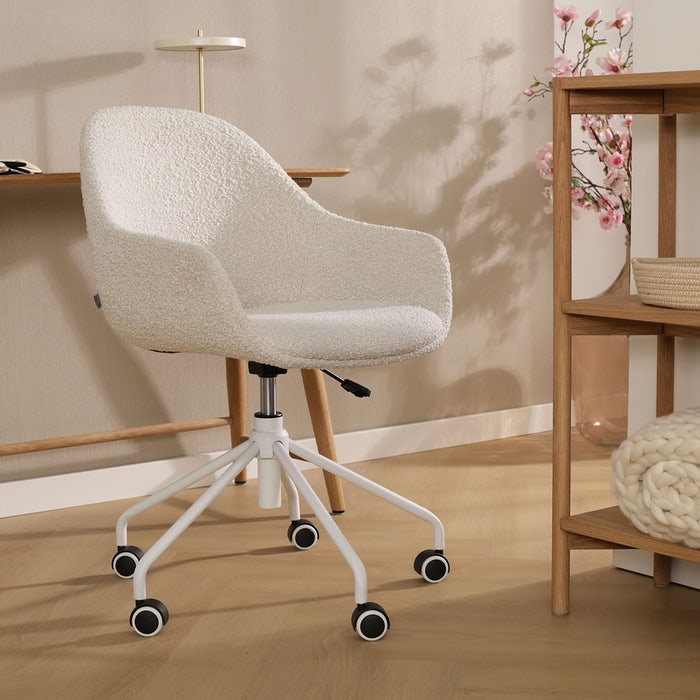 Nout-Mae bureaustoel bouclé beige - wit onderstel bureaustoel - vergaderstoel - verstelbaar - luxe - wielen - bruin - met armleuning - comfortabel - scandinavisch - japandi