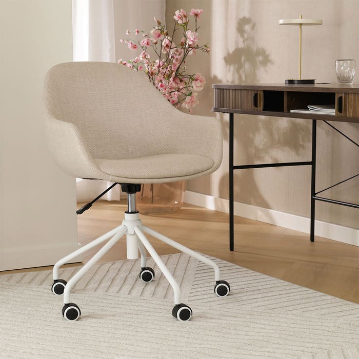 Nout-Mae bureaustoel beige - wit onderstel bureaustoel - vergaderstoel - verstelbaar - luxe - wielen - bruin - met armleuning - comfortabel - scandinavisch