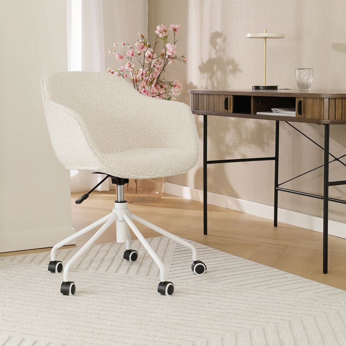Nout-Mare bureaustoel bouclé beige - wit onderstel burostoel - vergaderstoel - verstelbaar - wielen - met armleuning - comfortabel - stof - creme - scandinavisch