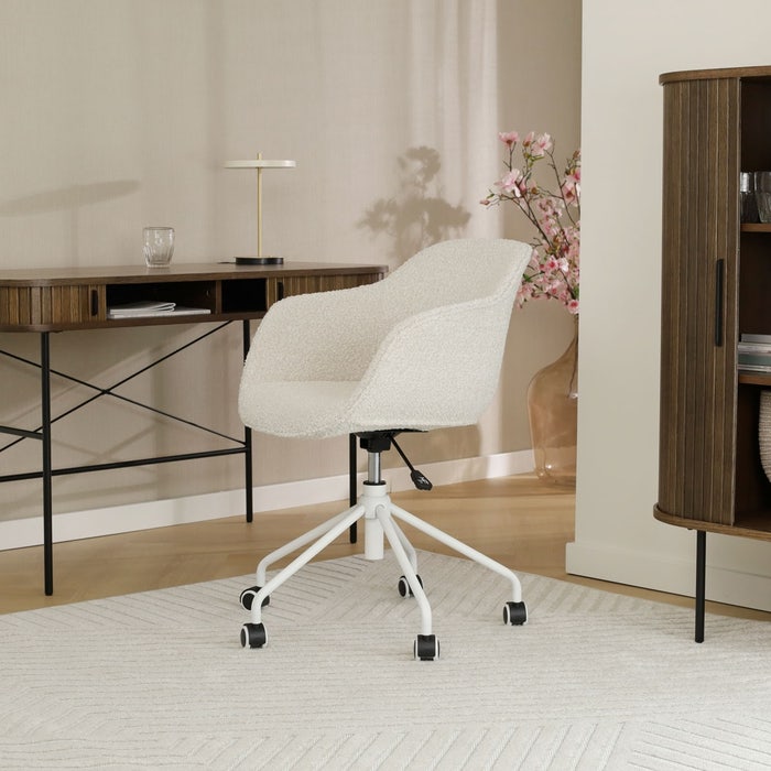 comfortabel in hoogte verstelbare met armleuning vergaderstoel bouclé beige - wit onderstel Nout-Mare
