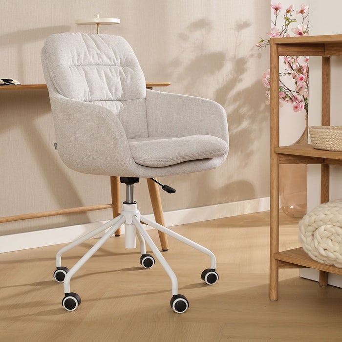 Nout-Mia bureaustoel beige - wit onderstel burostoel - vergaderstoel - design - verstelbaar - wieltjes - wielen - met armleuning - comfortabel - stof - draaibaar - scandinavisch