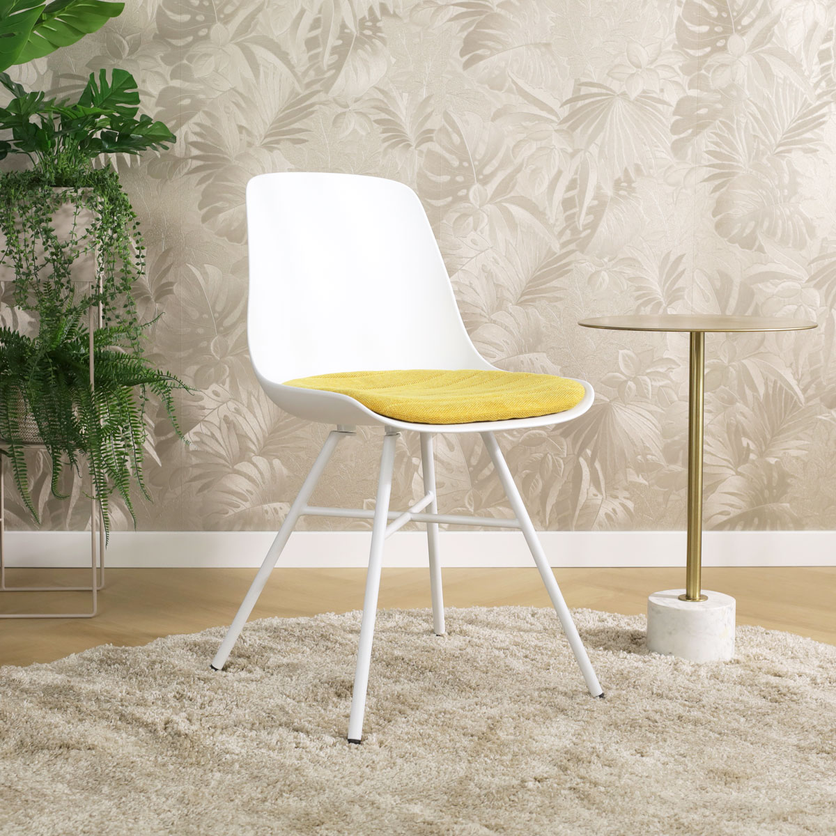 Noa-Liv eetkamerstoel wit met okergeel zitkussen - wit onderstel - kuipstoel - scandinavisch - modern - kunststof - witte poten - geel