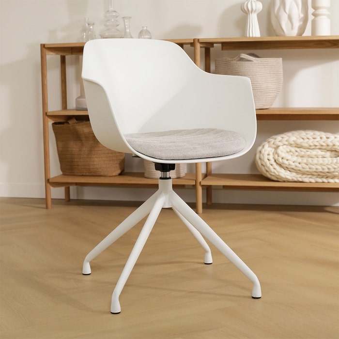 Nola-Liz draaibare eetkamerstoel wit met beige zitkussen - wit onderstel - kuipstoel - met armleuning - draaibaar - scandinavisch - modern - armstoel - kunststof - witte poten