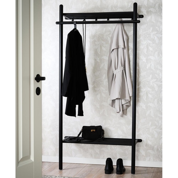 Milford eikenhouten kledingrek zwart - 91 x 181 cm - wandkapstok - met planken