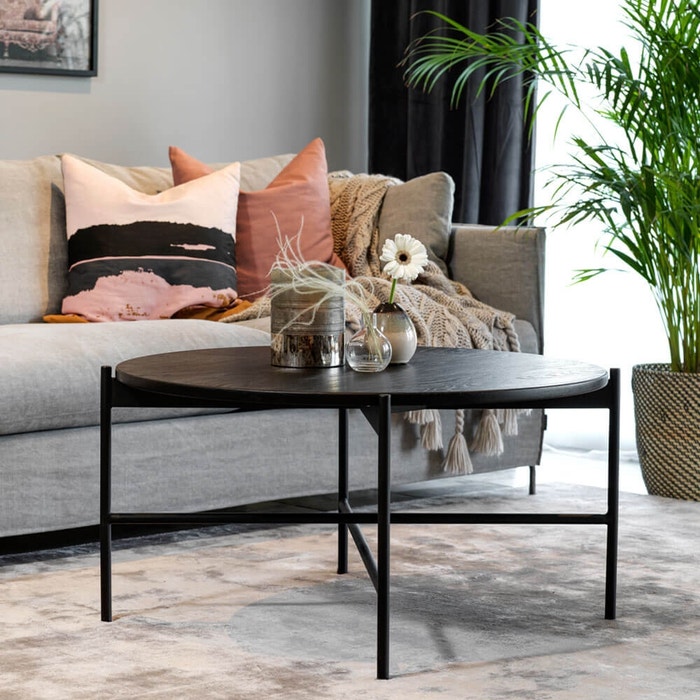 Skye ronde houten salontafel zwart - Ø 89 cm - koffietafel - industrieel - moderne - laag - woonkamer