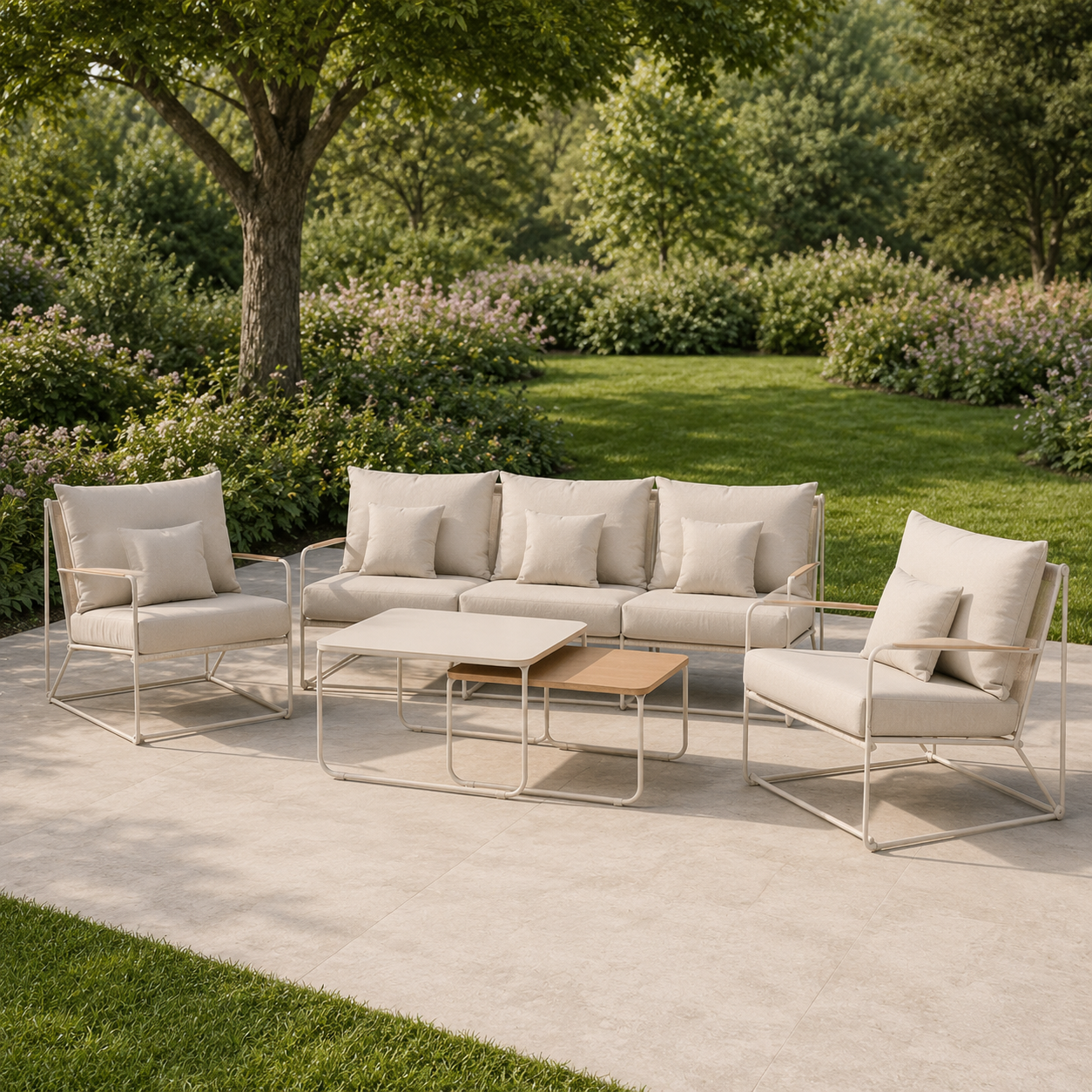 Paolo 4 delige tuin loungeset beige - driezitsbank, twee fauteuils en twee salontafels - met beige zitkussens  tuinset - terras