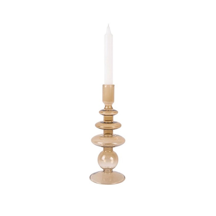 Art rings glazen kaarsenhouder - Large - Zandbruin kandelaar - hoog - lange kaars - beige - zand