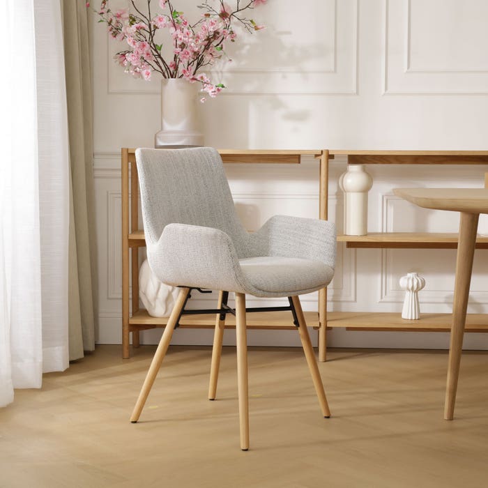 Nena-Eef eetkamerstoel beige gemêleerd - houten onderstel met armleuning - design - scandinavisch - stof - luxe - modern - creme