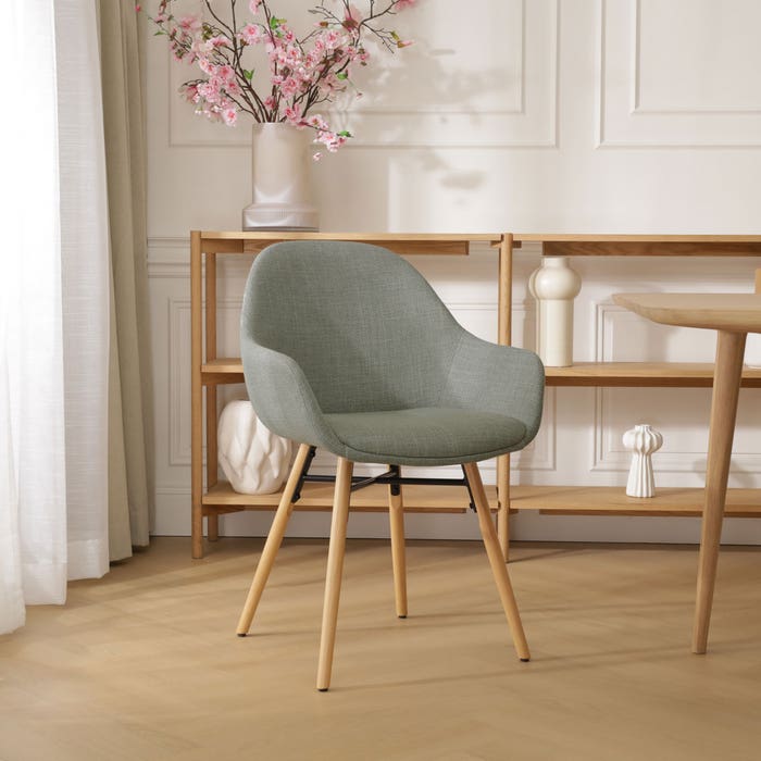 Nena-Mae eetkamerstoel groen - houten onderstel met armleuning - stof -  eettafelstoel - scandinavisch - stof - comfortabele