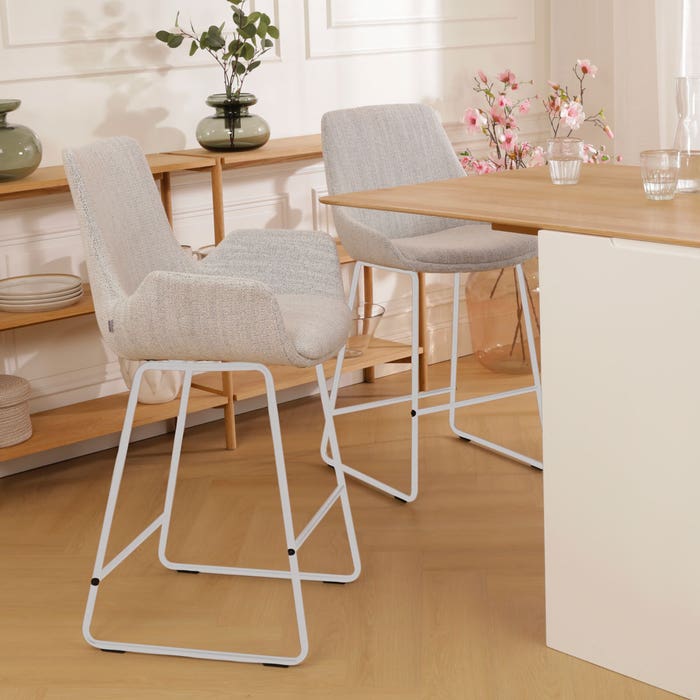 Nino-Eef barkruk beige gemêleerd - wit onderstel - 65 cm barstoel - rugleuning - kookeiland - armleuning - design - luxe - stof - zithoogte 65 cm - scandinavisch - creme - japandi
