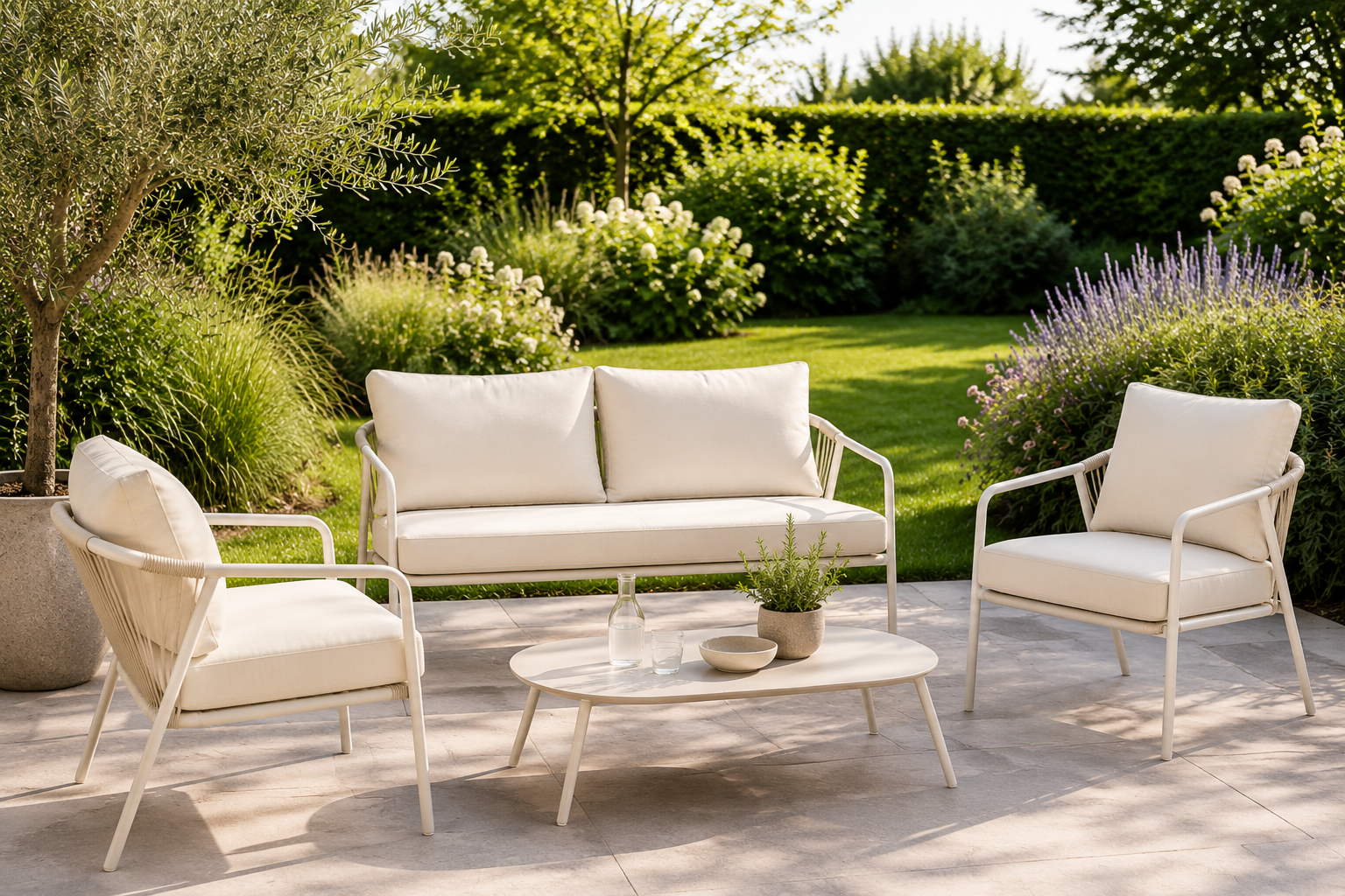 Sienna 4 delige tuin loungeset beige - tweezitsbank, twee fauteuils en salontafel - met zitkussens  zand - aluminium