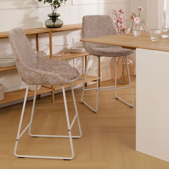 Nino-Isa barkruk bruin - wit onderstel - 65 cm barstoel - rugleuning - design - luxe - stof - zithoogte 65 cm - scandinavisch