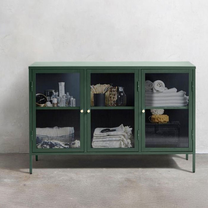Katja metalen sideboard groen - 132 x 40 cm - kast - opbergkast - vitrinekast - industrieel - glas - modern - glazen dressoir