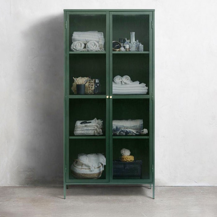 Katja metalen vitrinekast groen - 90 x 190 cm - dressoir - opbergkast - glas - industrieel - ribglas