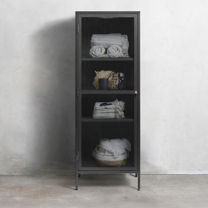 Katja metalen vitrinekast zwart - 58 x 160 cm - dressoir - opbergkast - glas - industrieel - ribglas