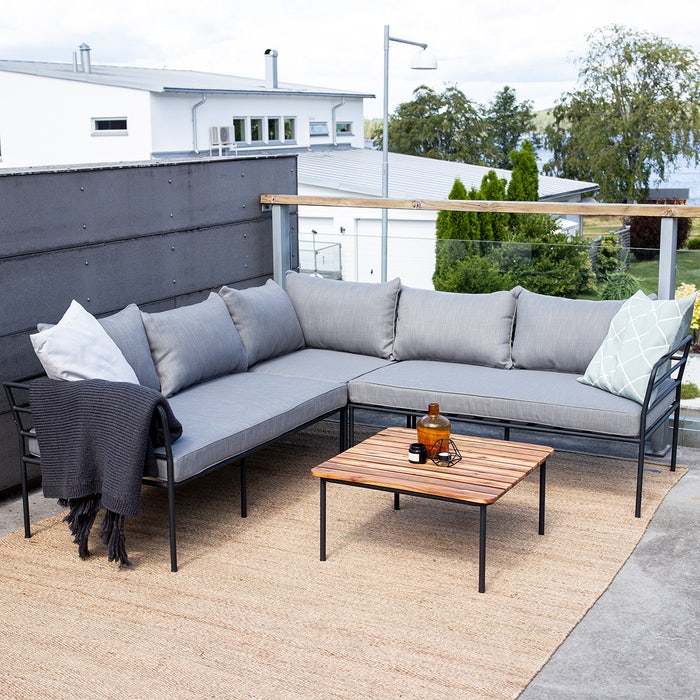 Connor 2 delige tuin loungeset grijs - met zitkussens - tuin - tuinset - buiten - hoekbank - zwarte - hoek - 4 personen - metaal - outdoor