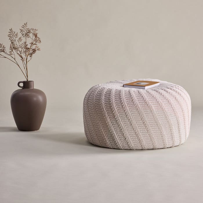 Dina ronde gebreide poef crème - Ø 60 cm - hocker - beige - witte - gebreide